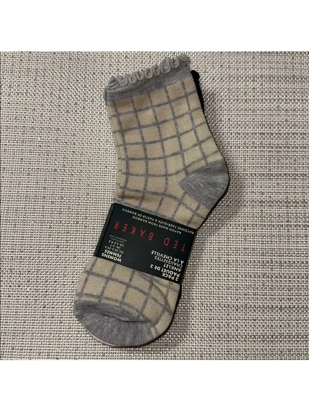 Ted Baker Gray Beige Plaid Black White Dress Crew Cut Bamboo Blend Socks 3 pack